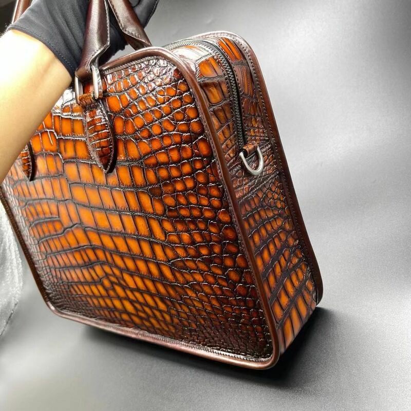 Yingshang-Bolso de mano de piel de cocodrilo para hombre, maletín de piel de cocodrilo, color marrón, talla grande