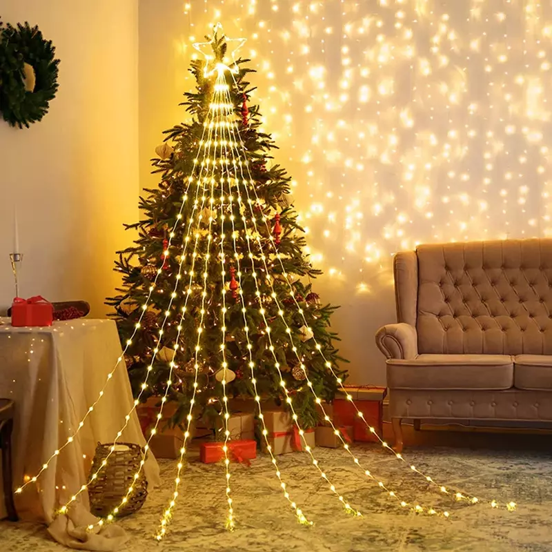 Guirnalda de luces LED de 9x2M para decoración navideña, guirnalda de luces de árbol de cascada para exteriores con estrella de adorno, 190 LED