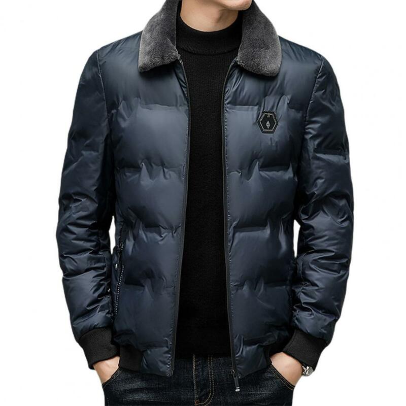 Jaqueta térmica de fecho de zíper masculino, casaco acolchoado à prova de vento, lapela de peles artificiais, bolsos, espessado, outono, inverno
