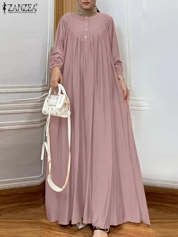 Zanzea Vintage einfarbige muslimische Kleid Frau Vintage Truthahn Robe Langarm o Hals Sommerkleid lässig Party islamische Kleidung