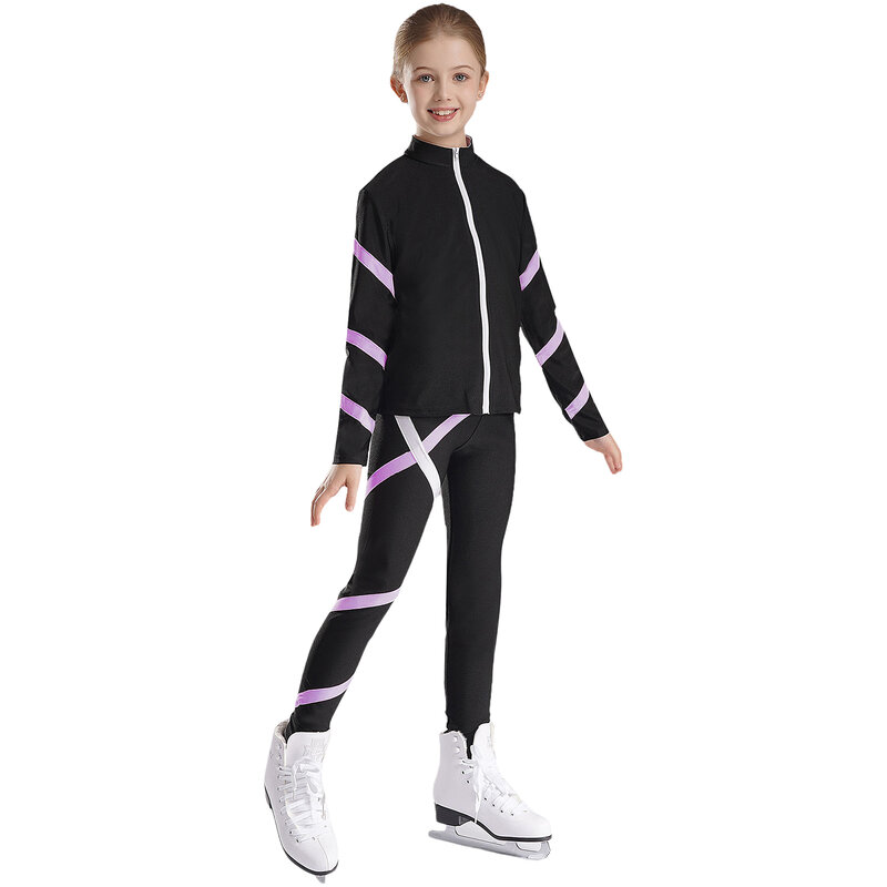Kostum seluncur es anak perempuan, kaus ritsleting lengan panjang dengan legging olahraga untuk tari senam Yoga latihan lari