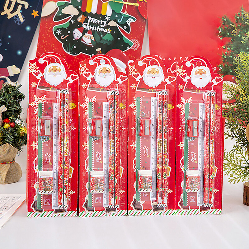 5Pcs/set Cartoon Christmas Stationery Kids Writing Tools Drawing Pencil Eraser For Girls Gift Office School Supplies Student Sta