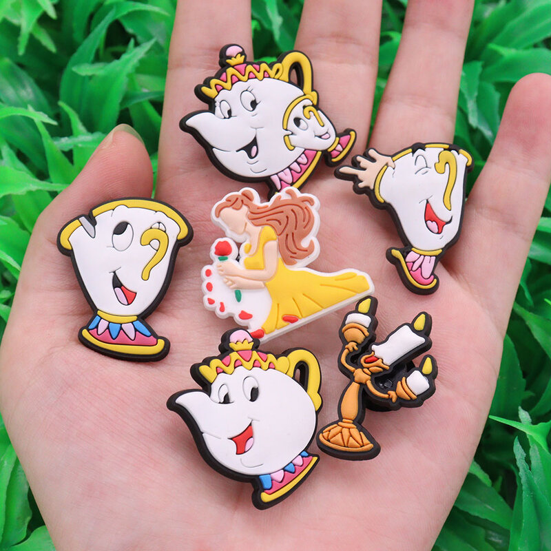 1-6Pcs  Beauty and the Beast Belle Disney Shoe Buckle Charms Mrs. Potts Kids PVC Accessories DIY Cartoon Backpack