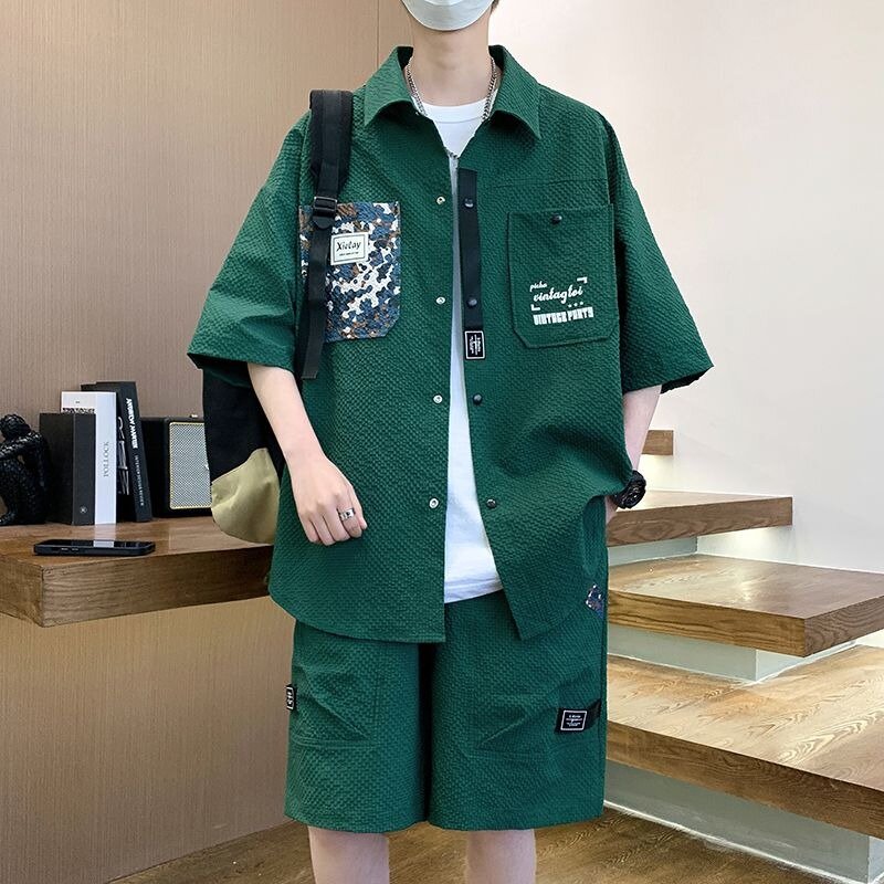 Small Fragrance Short Sleeve Summer Trendy Hong Kong Style Casual Loose Handsome Men's Five-quarter Sleeve Shirt and Shorts Set