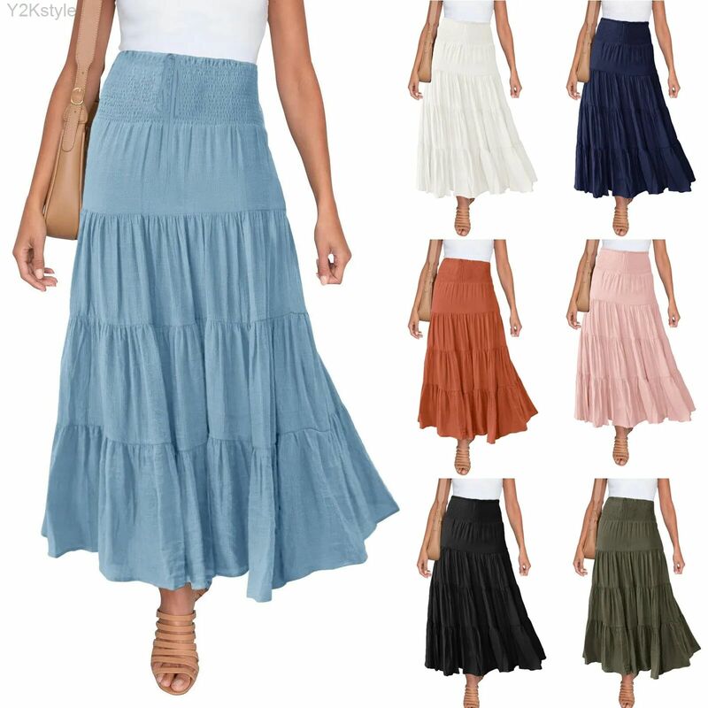 Женская Однотонная юбка-макси, плиссированная эластичная трапециевидная юбка с высокой талией, Повседневная элегантная летняя длинная юбка с рюшами для женщин