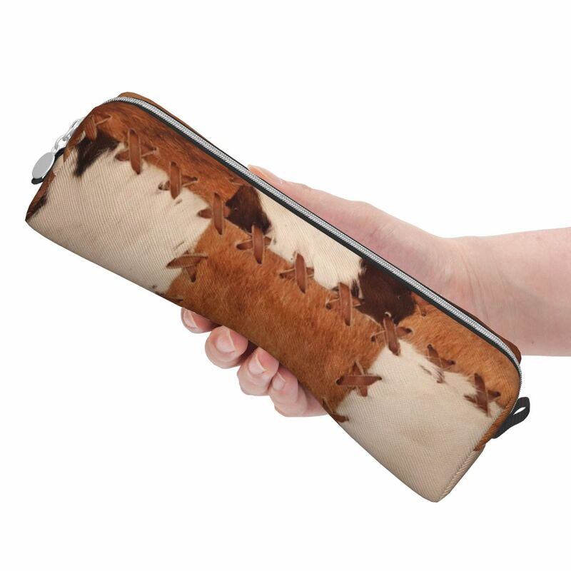 Patchwork Cowhide Rustic Western Decor Pencil Case Creative Pen Holder Bag Girls Boys Large Storage Office Cosmetic Pencilcases