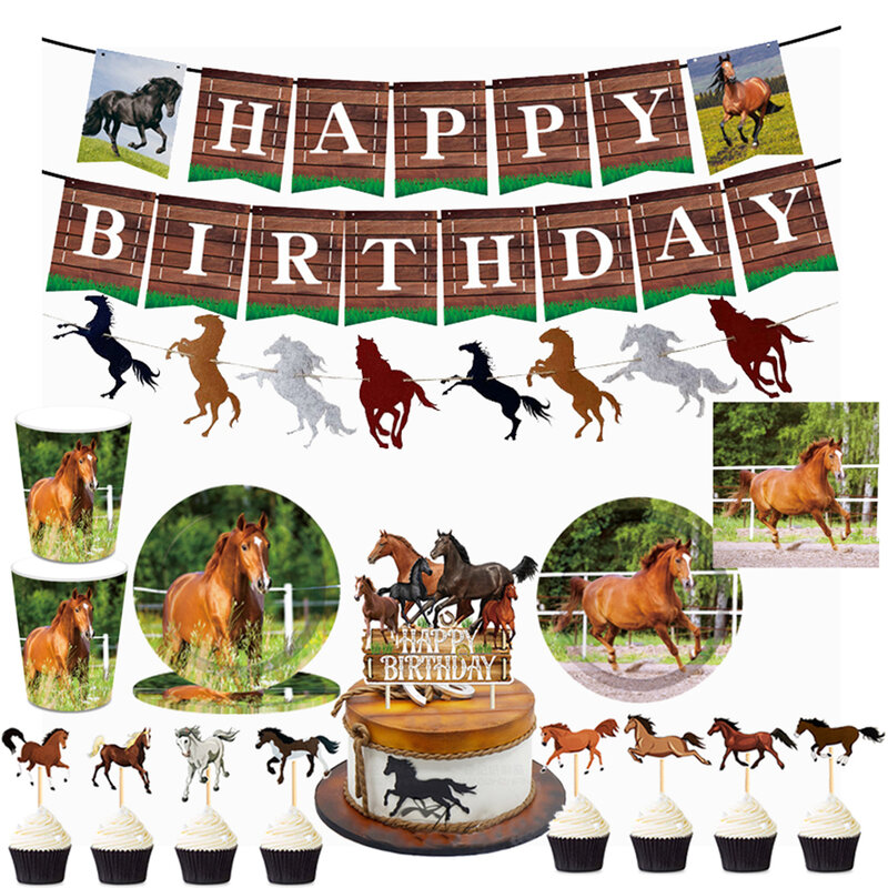 Paard Wegwerp Servies Borden Tafelkleed Paard Cake Topper Gelukkige Verjaardag Banner Slinger Voor Paard Verjaardagsfeestje Decoratie