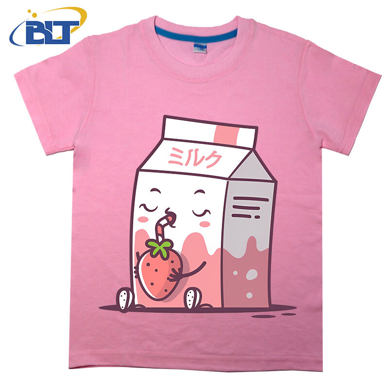 Детская футболка с принтом клубники и молока, летние детские хлопковые повседневные топы с коротким рукавом для мальчиков и девочек