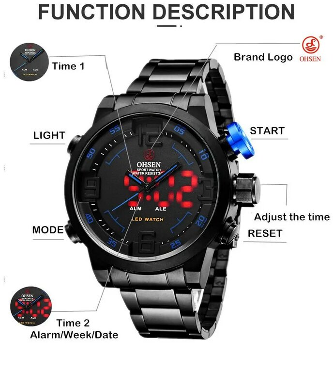 OHSEN Stainless steel Men Watches Dial Analo Quartz Wristwatches clocks Waterproof Digital Military Wristwatch relogio masculino