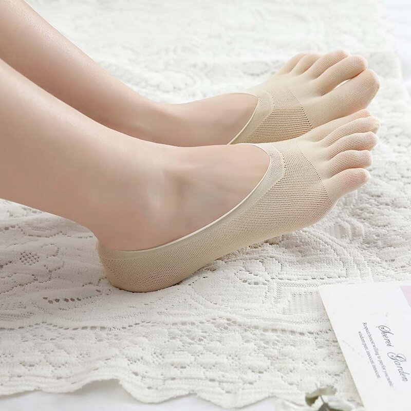 Calcetines tobilleros de cinco dedos para mujer, calcetín antideslizante Invisible de encaje de mezcla de algodón, de corte bajo, de verano