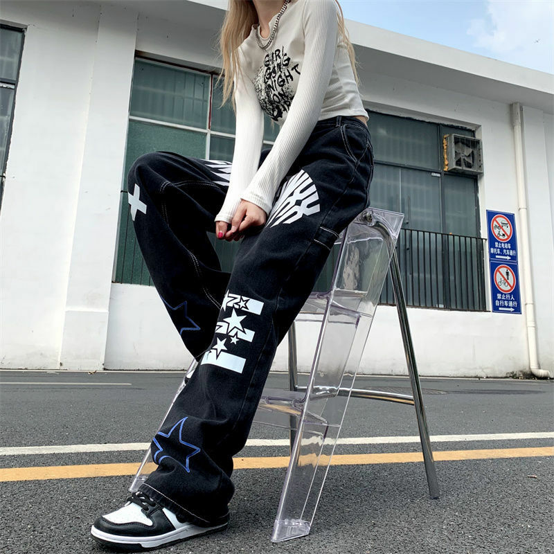 Casual denim calças harajuku lavado hip hop jean calças carta impressão reta solto calças de brim das mulheres retro high street oversize