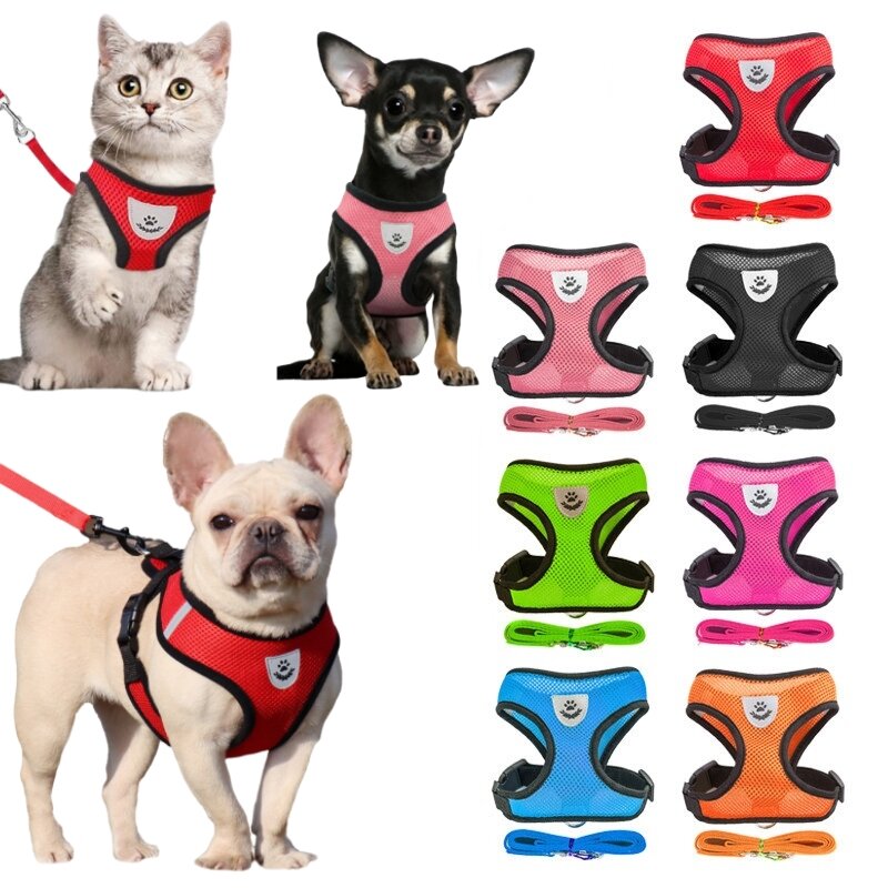 Kalung Harness kucing, Harness anjing kecil jala nyaman dan tali kucing, Harness anak anjing kecil untuk Bulldog Chihuahua Pug Perancis