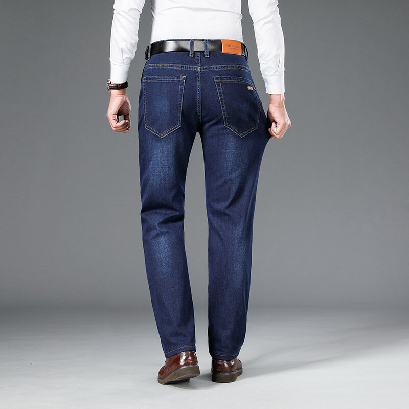 Celana panjang Jeans bisnis pria, Jeans Denim longgar lurus lembut nyaman Anti Maling, ritsleting modis untuk pria