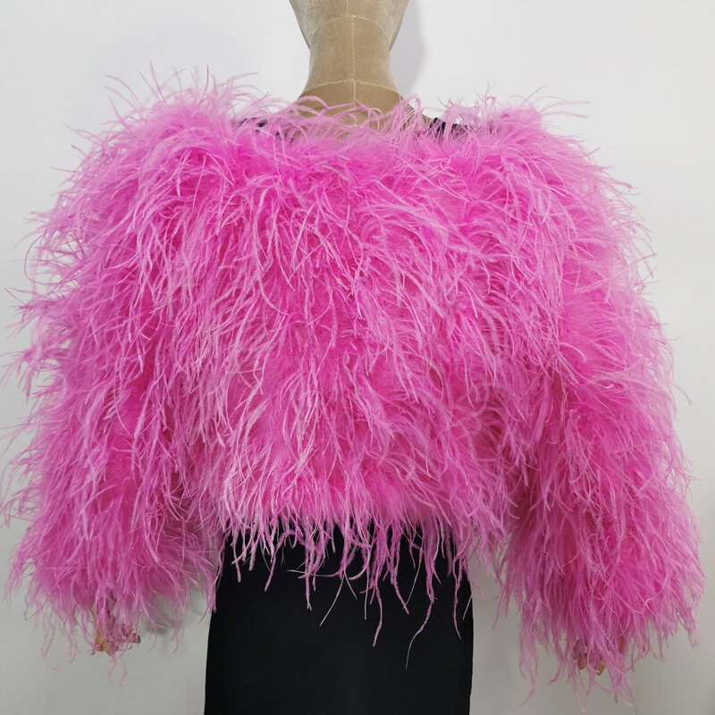 Casaco curto de penas de avestruz para mulheres, casaco de ombro 100% real, design do pescoço do barco, festa, pele real, comprimento 40 cm, moda