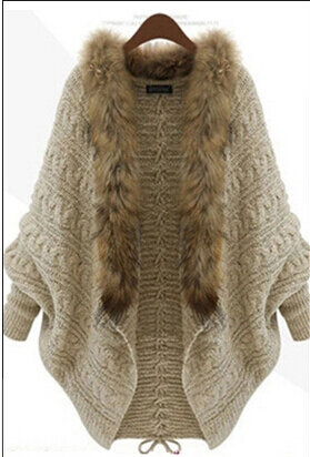 Nowa moda zimowa sweter dziergany kobiety nietoperz chusta peleryna kołnierz moda damska sztuczne futra płaszcz wierzchni