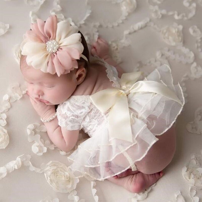 Atrezos para fotografía bebés, conjunto falda con lazo encaje y diadema flores para recién nacidos, niñas, toma
