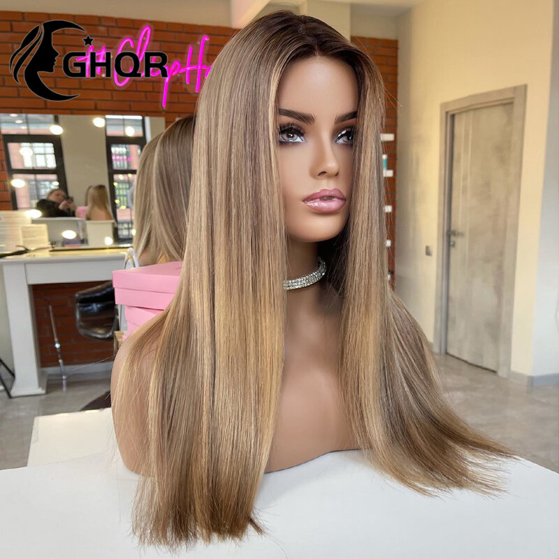 Perruque Full Lace Front Wig naturelle brésilienne, cheveux humains, 13x6, pre-plucked, blond, brun, à reflets, transparent HD 613