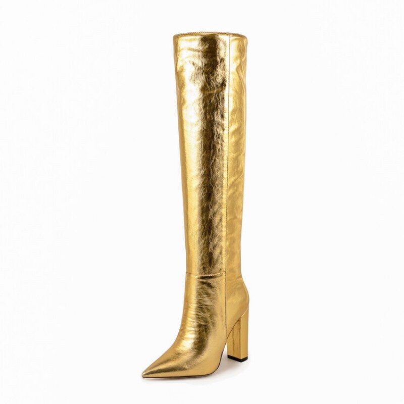 Fashionable Metal Patterned Gold Silver Long Boots Women's New European American Winter Short Plush Knee High Boots Size 35-45