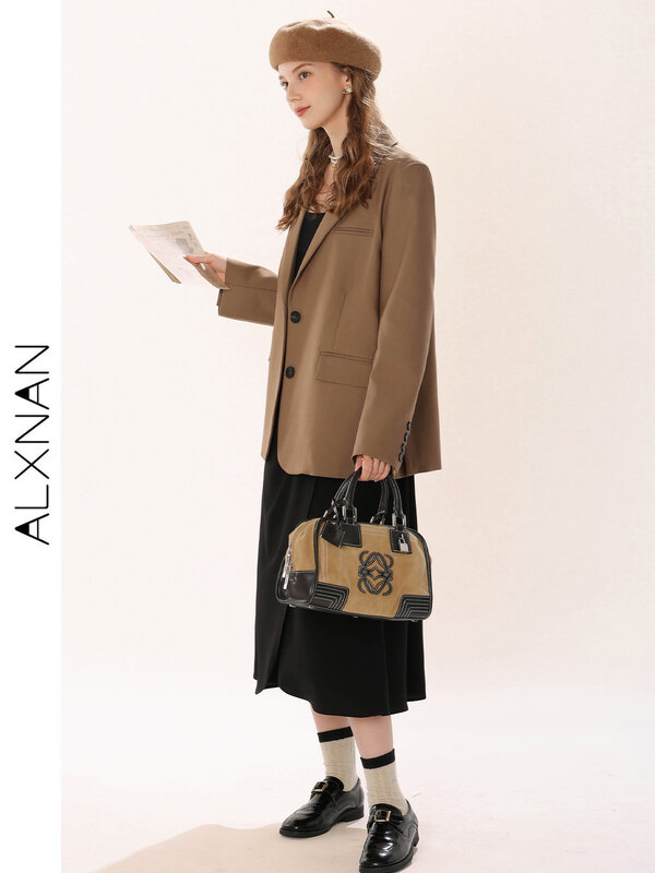 ALXNAN Retro Women's Single-breasted Blazer 2024 Autumn Elegant Turndown Collar Loose Coat Clothing Female Casual Jacket TM00211