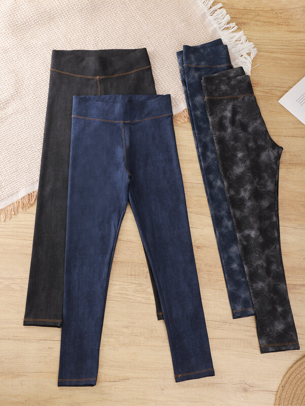 Leggings jeans de imitação de cintura alta para meninas, monocromáticas, garotão, primavera, moda verão, 4 peças
