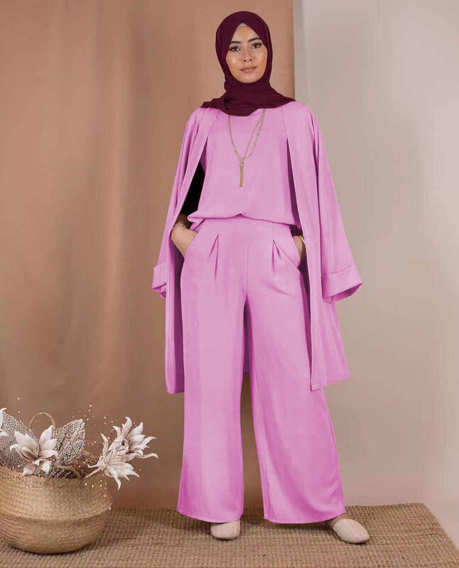 Conjunto de três peças de moda muçulmana para mulheres, cardigã sólido, abaya, dubai, peru, eid, islâmico, vestido confortável
