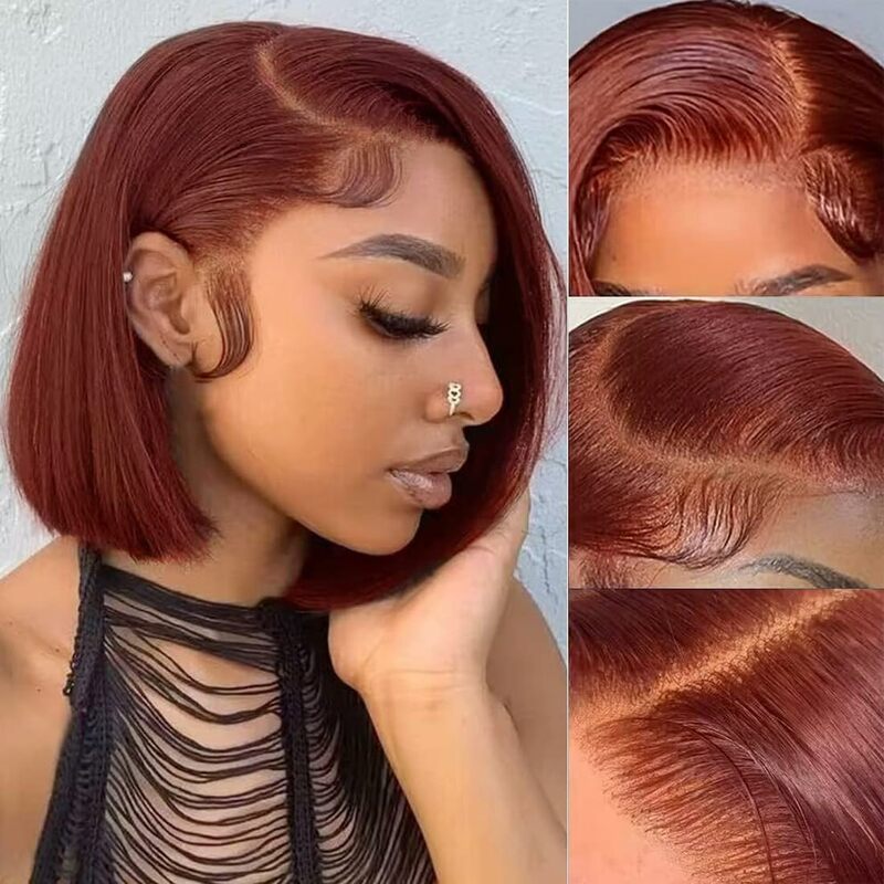 Reddish Brown Bob Wig Human Hair Short Straight Bob Lace Front Wigs Human Hair 180% Density13X4 Lace Frontal Colored Bob Wig