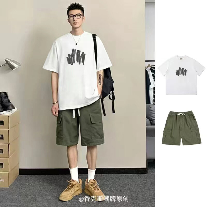2024 New Summer Graffiti Art Print Pure Cotton Short Sleeve T-shirts Shorts Suit Match Loose Man Outdoor Casual Round Neck Tee
