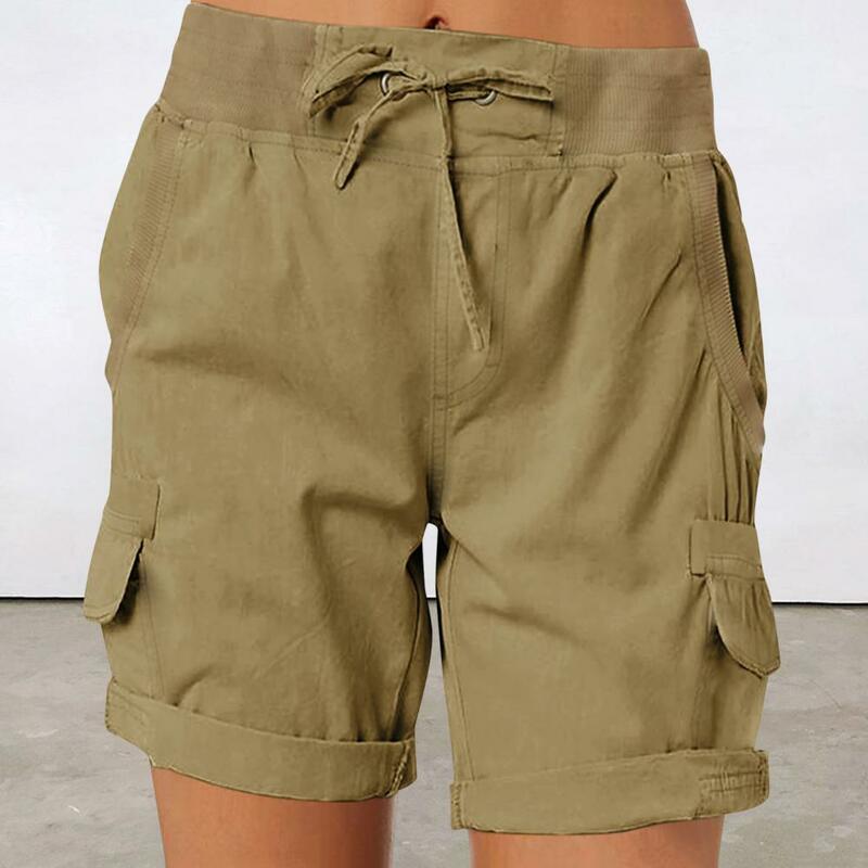 Pantalones cortos de verano para mujer, Shorts con cordón, cintura elástica, bolsillos laterales por encima de la rodilla, pierna ancha