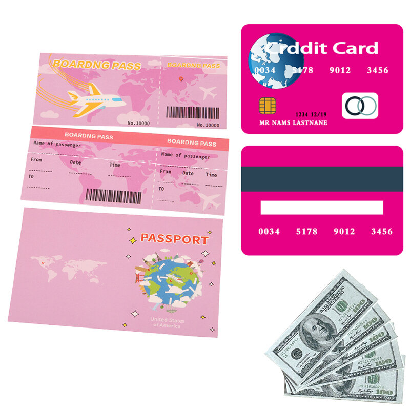 Doll Accessories Set Included One credit card, One passport, Two Air tickets, Five Pcs Dollars Toy Set For Dolls Gifts