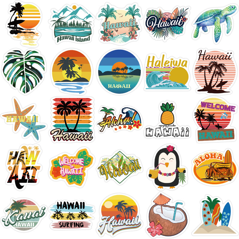 Autocollants de plage de surf d'Hawaii en PVC, décalcomanies de dessin animé, graffiti, cahier de bricolage, bagages, décoration murale, 10 pièces, 25 pièces, 50 pièces