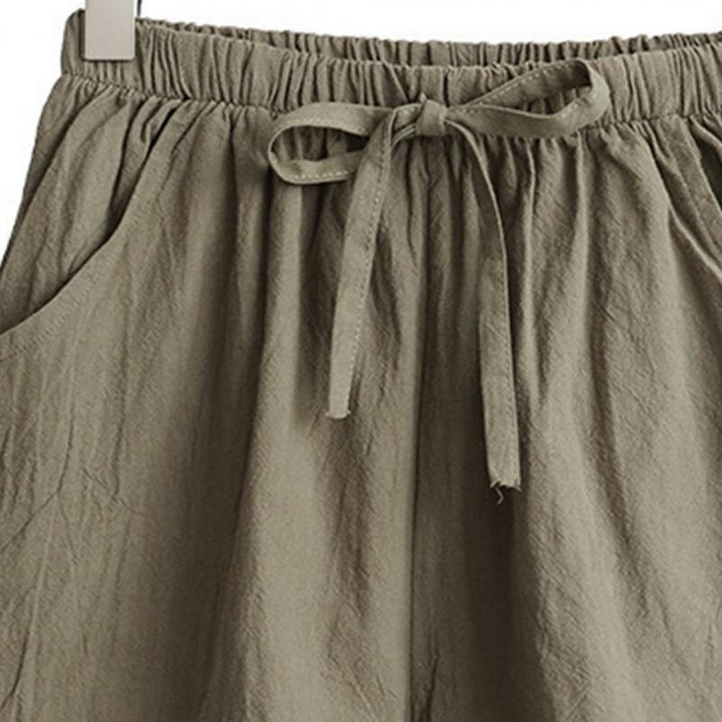 Pantalones cortos de verano para mujer, Shorts de cintura alta, de Color sólido, con bolsillos y cordón, de lino fino, de pierna ancha, informales, para exteriores