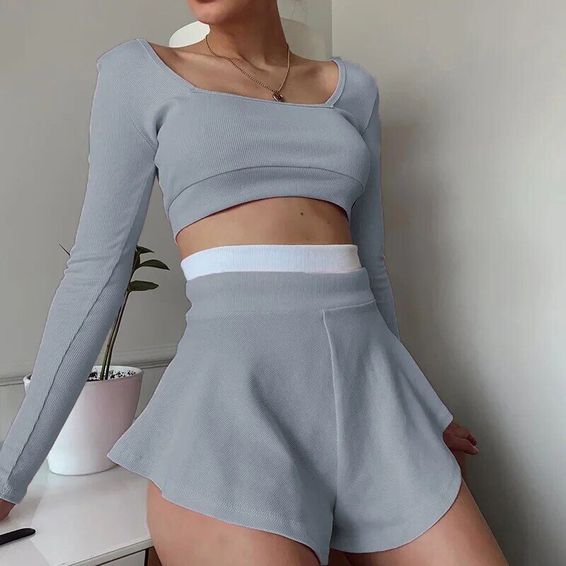 Fashion Casual Sport Shorts Skirts Set Women Summer Leisure Two Piece Set Shorts Set Solid Colors Patchwork Sexy Slim Crop Tops