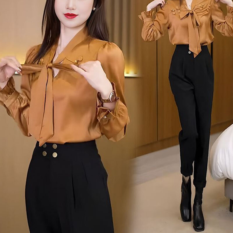 Spring Autumn New Women's Solid Color Scarf Collar Tie Up with Vintage Pan Button Slim Long Sleeve Versatile Commuter Shirt Tops