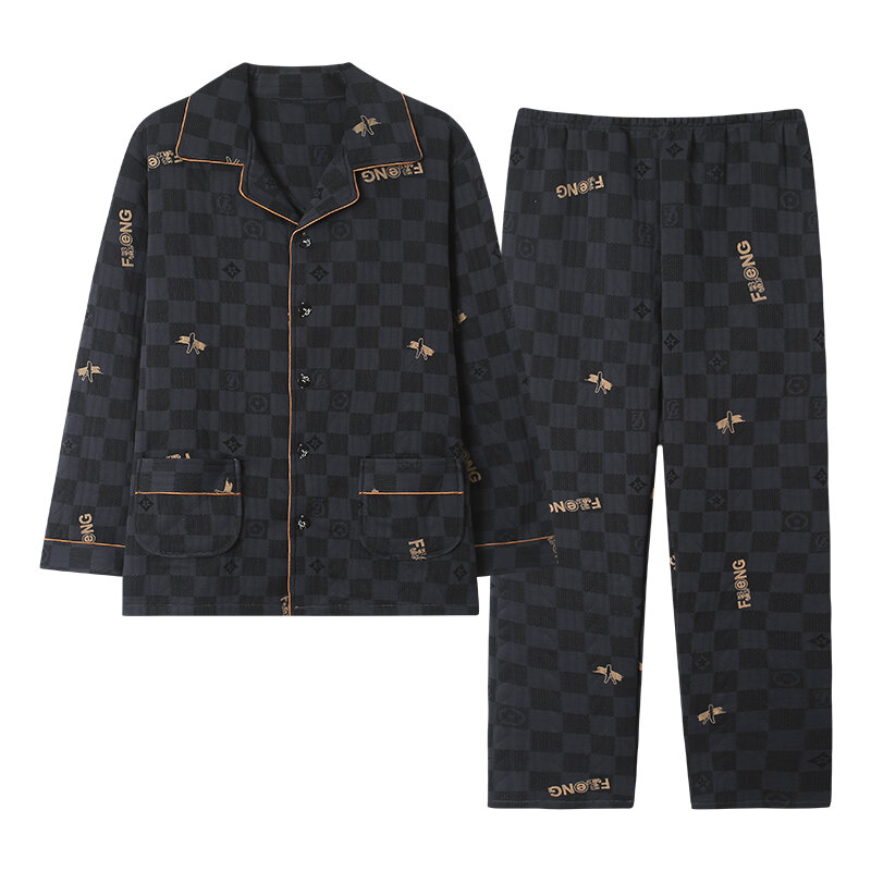 Printed men's autumn and winter pajamas three-layer thin cotton cardigan lapel style men's pajamas winter home