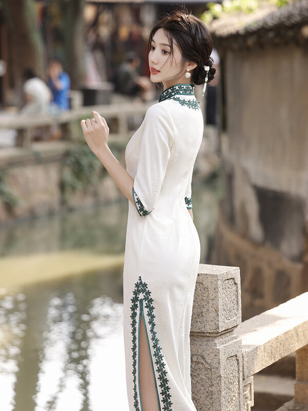 FZSLCYIYI 빈티지 레이스 아플리케 만다린 칼라 7 포인트 소매 쉬폰 치파오 중국 치파오 여성 웨딩 드레스