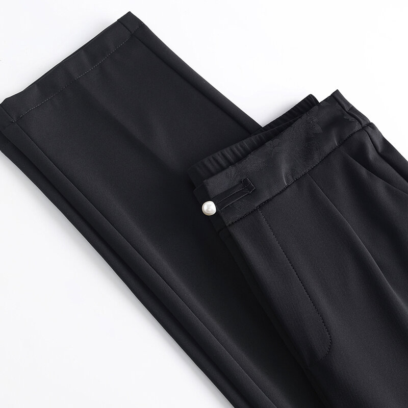 Celana kasual versi Korea wanita, pakaian jaringan pinggang sedang desain mode celana sembilan poin