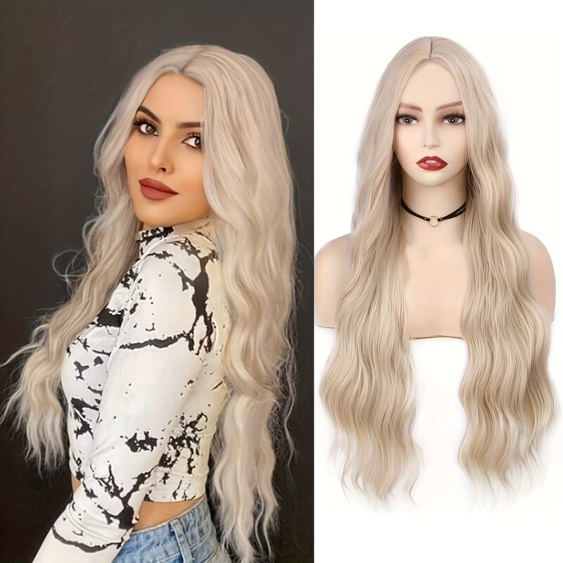 Platinum Blonde Synthetic Lace Wig for Women, Long Curly Wavy Wigs, Heat Resistant, Middle Part, Natural Looking, 26"