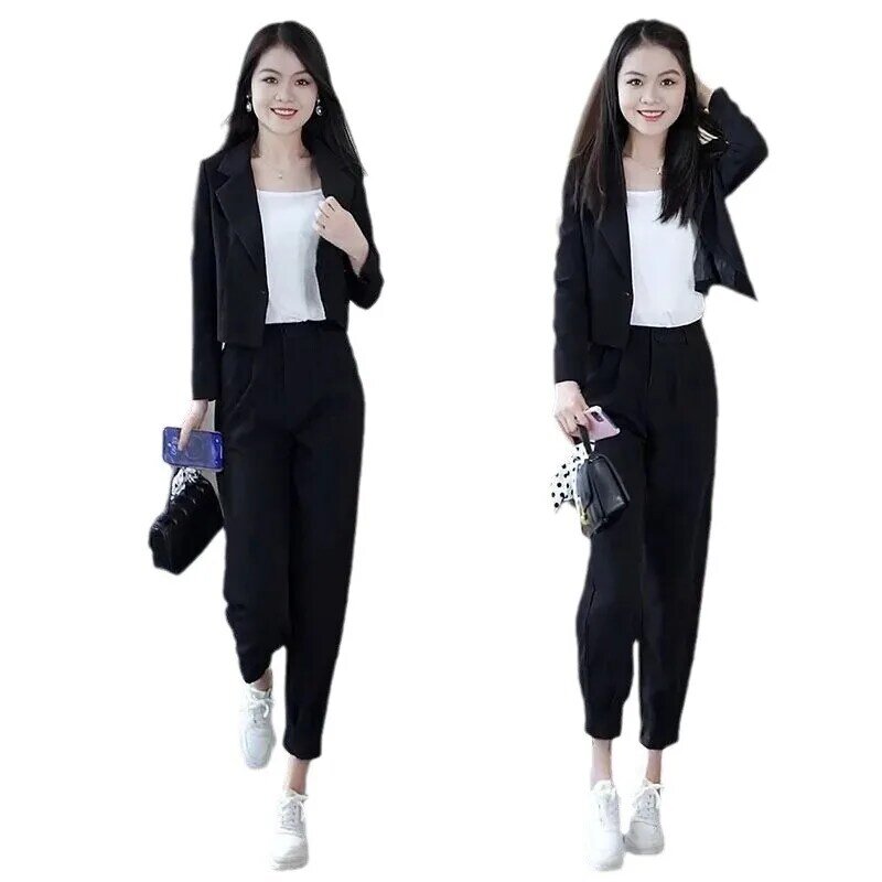 Модный костюм, короткая куртка, весна-лето 2024, Корейская версия, новый повседневный комплект из двух предметов с длинным рукавом