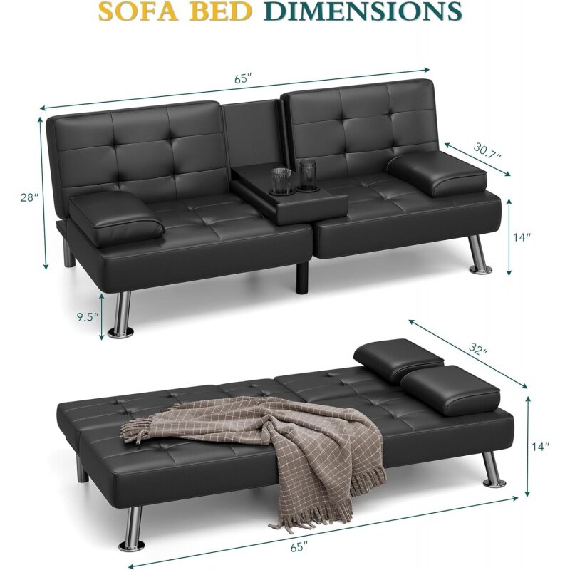 YESHOMY Convertible Folding Futon Sofa Bed Sleeper Couch, Faux Leather Upholstered Loveseat with Removable Armrests, Metal Legs,