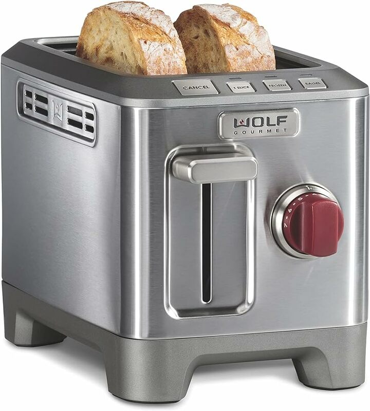 Wolf Gourmet 2-Slice Extra-Wide Slot Toaster with Shade Selector, Bagel and Defrost Settings, Red Knob, Stainless Steel