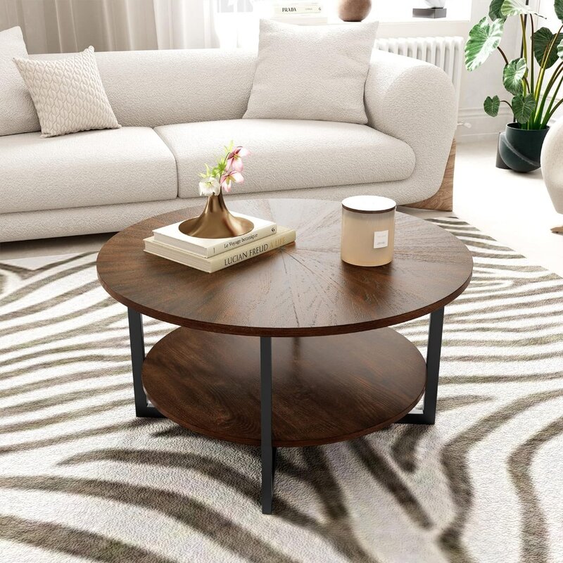 Mesas de chá e café para sala de estar, mesa de madeira marrom, moldura metálica marrom, círculo redondo mesa de café, fim de mesas, preto