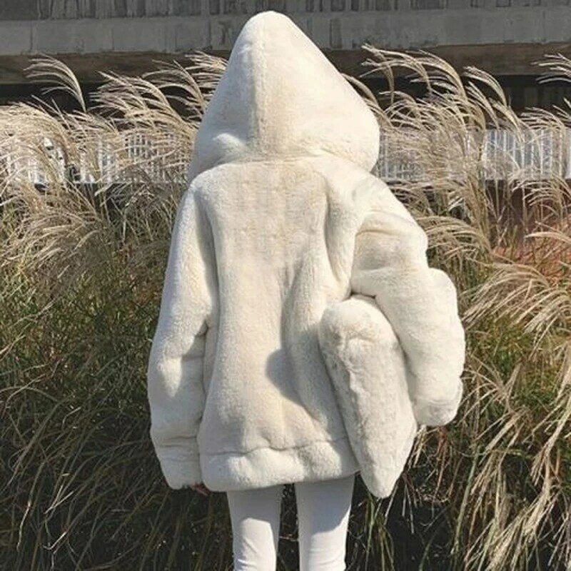 Jaqueta de couro falso para mulheres, casaco peludo grosso feminino, vison imitação pele de coelho, manga comprida com capuz, outono e inverno 2024