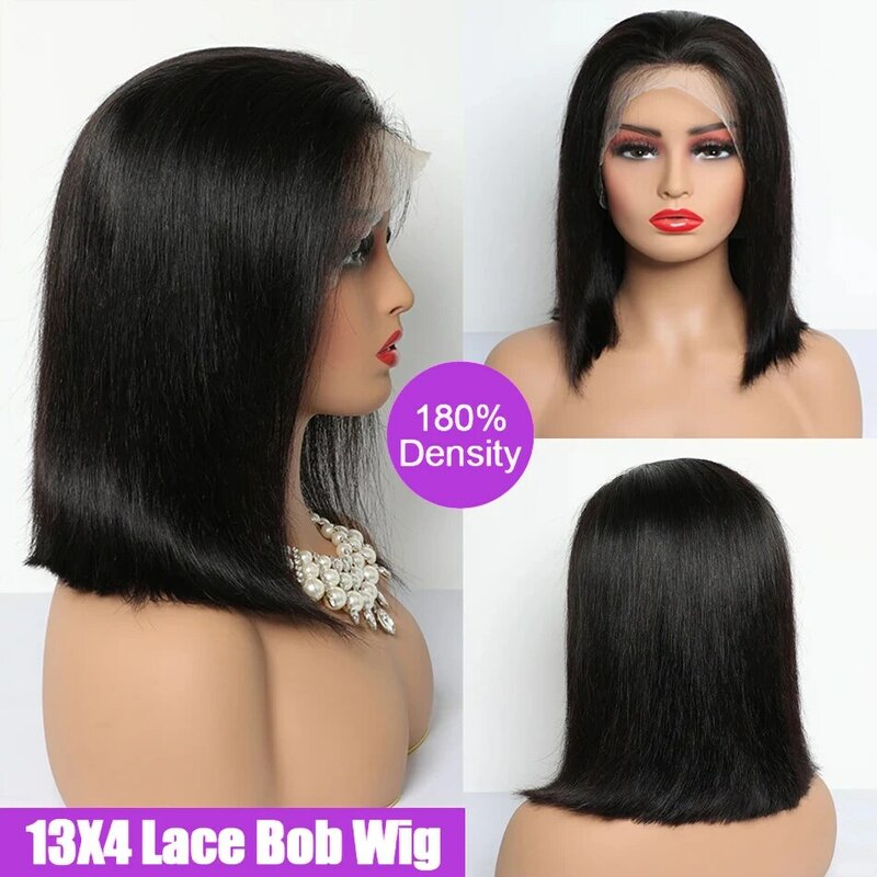 Peruca reta curta Bob para mulheres negras, perucas de cabelo humano frontal com renda, Remy, laço frontal 13x4, laço transparente 4x4