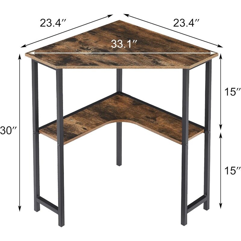 Угловой компьютерный стол 33x23 дюйма с полками для хранения для небольших помещений, треугольной формы, коричневый