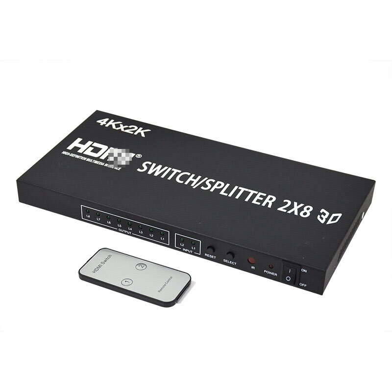 Comutador compatível com HDMI 2x8, Divisor 4K, 1 a 8 telas, Seletor de vídeo, Conversor 2x4 com controle remoto para HDTV, PC, Projetor