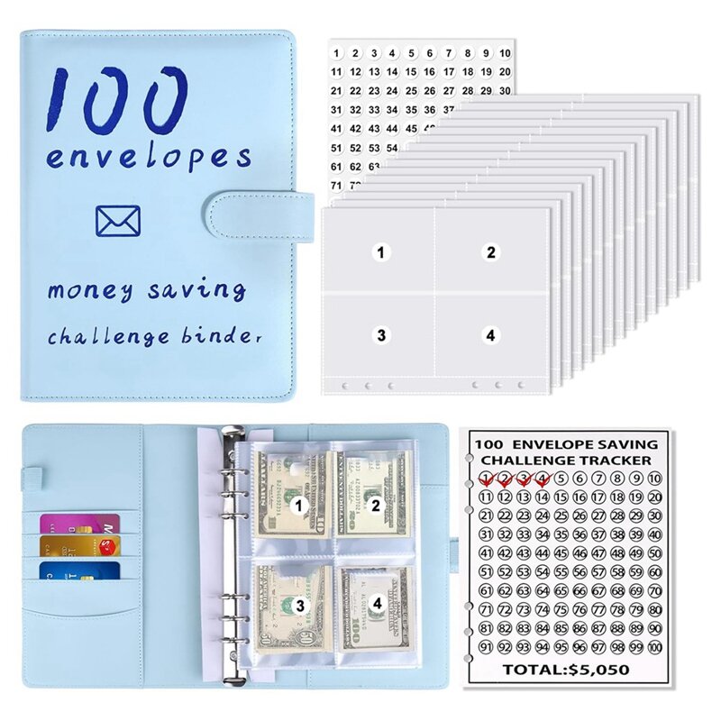 100 Envelopes Money Savings Challenges Book,Storage Budgeting Binder Budget Book Cash Saving Challenge Kit(Blue) Easy Install