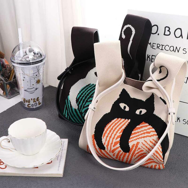 Ethnic Style Cosmetic Bag Large Capacity Cartoon Shopping Bag Storage Bag Knitted Bag Women Handbag Shoulder Bag Wrist Bag