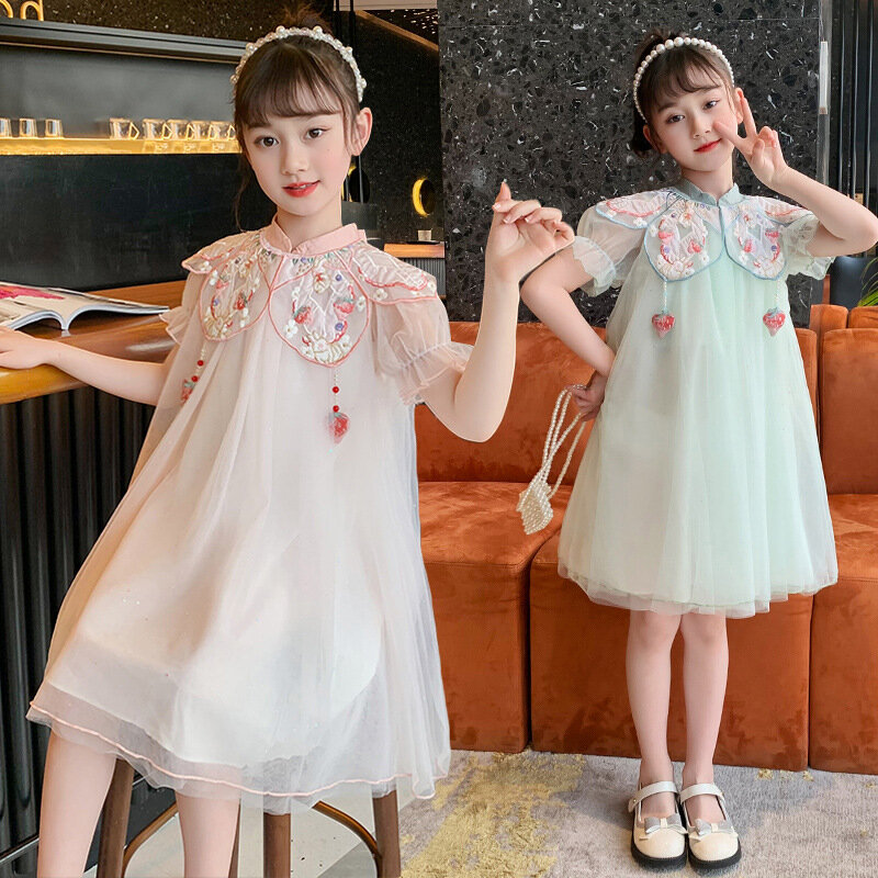 Lovely Girls Gauze Skirt Kids Chinese Style Embroider Cheongsam With Cloud Shoulder Children Traditional Qipao Dresses