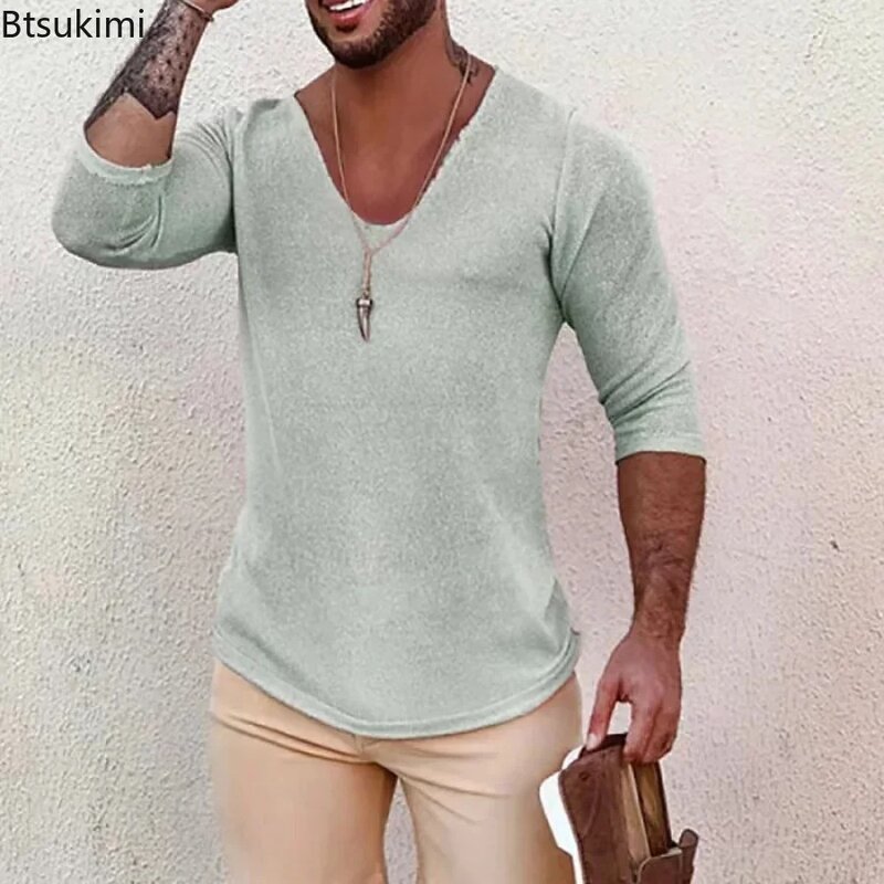 2024 męskie swetry z długim rękawem z dzianiny cienki stylowy męskie odzież jesienno-wiosenna jednolite dekolt w szpic dziergany sweter bluzki z dzianiny