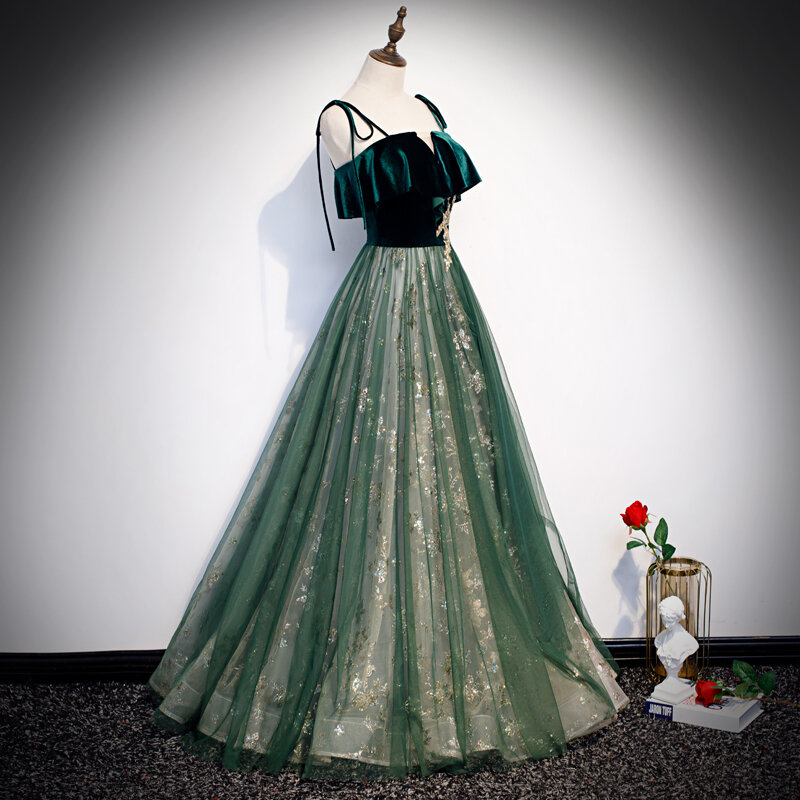LANMU-vestido verde de tul de terciopelo para mujer, proceso de pulverización dorado, línea A personalizada, hasta el suelo, vestidos de noche formales, fiesta de banquete